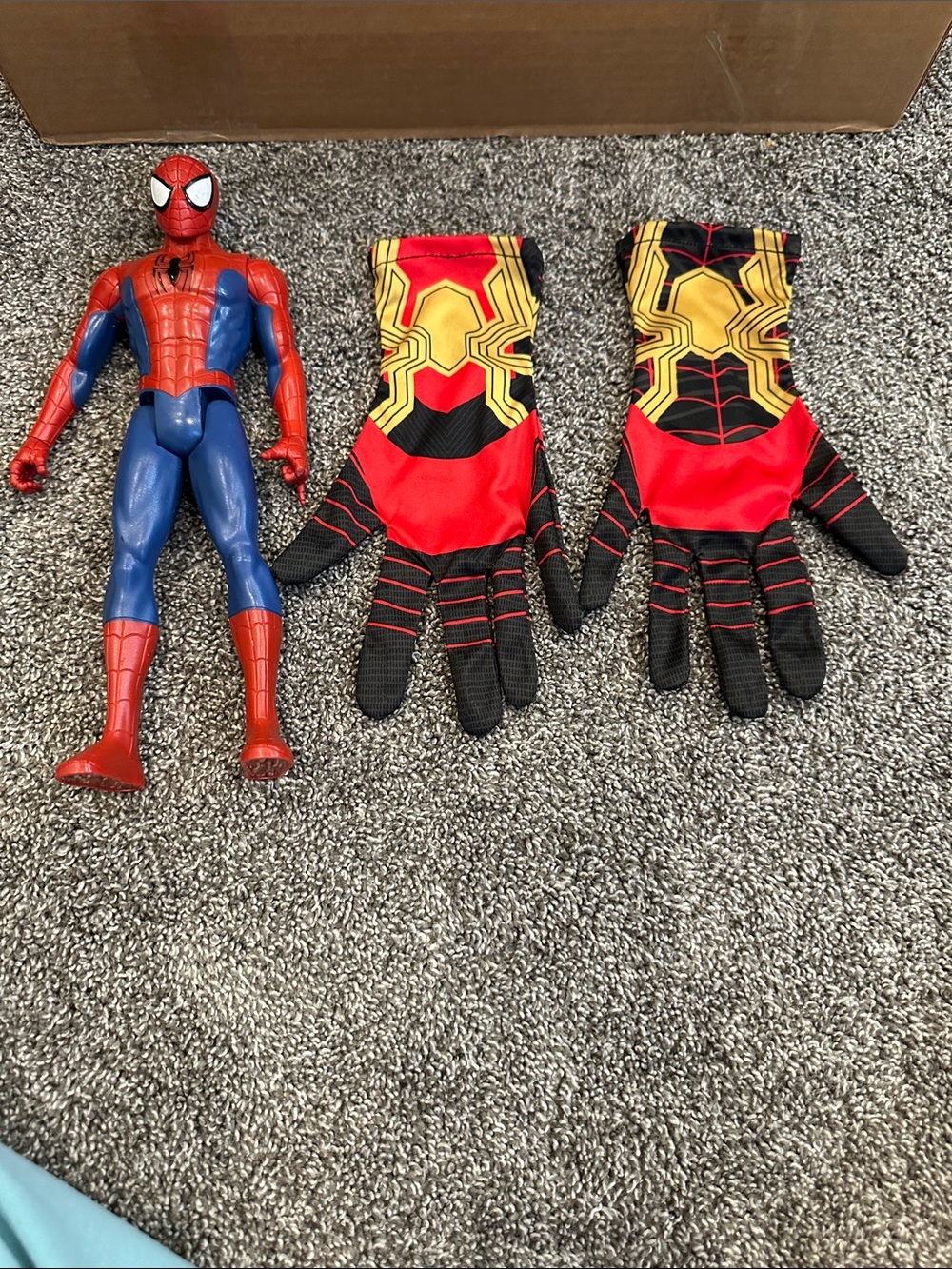 Spiderman action figure and Kids Red & Gold Spider-Themed Costume Gloves